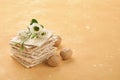 Matzah Passover celebration concept. Traditional ritual Jewish bread on sand color old wall background. Passover food. Pesach