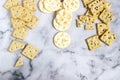 Matzo crackers, salty crackers with sesame seeds and flax seeds on a light background Royalty Free Stock Photo