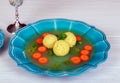 Matzoh ball soup with Pesach Passover symbols