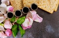 Matzoh passover holiday jewish celebration matzoh with on kiddush four cup of red kosher wine