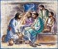 Maundy Thursday. Thursday color illustration with Jesus and the 12 Apostles. The establishment of the Holy Eucharist