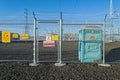 Maupin, Oregon, USA - October 29, 2023: Warning signs posted on the fence at the electrical substation Royalty Free Stock Photo