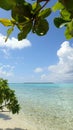 Maupiti island, blue lagoon, volcanic island , green vegetation on the beach of bora French Polynesia