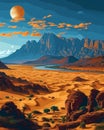 Mauritania Desert Landscape Mountains River Art Painting Africa Vibrant Scenic