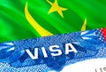 Mauritania Visa. Travel to Mauritania focusing on word VISA, 3D rendering. Mauritania immigrate concept with visa in passport.