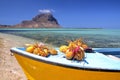 MAURITIUS: A boat with coconuts on Benitiers Island with the Morne Braband in the background Royalty Free Stock Photo