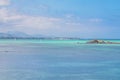 Mauritius island - 31.10.2021: Coast sea water view, island turquoise waters, sea activities, ripple waves aqua texture