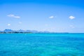 Mauritius Island, sea water and island mountains view. Turquoise water, tropical vacance.
