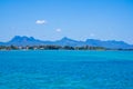 Mauritius Island, sea water and island mountains view. Turquoise water, tropical vacance.