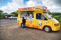 MAURITIUS - MAY 4, 2019: Ice cream stand near the airport runway. In these area a lot of locals and tourists watch the airplanes