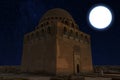 Mausoleum of Sultan Sanjar in Ancient Merv at night under the full moon. Royalty Free Stock Photo