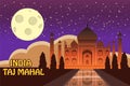 Mausoleum of Taj Mahal in Agra, India, historical view, night moon, vista attraction, religion, cartoon style, vector