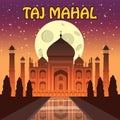 Mausoleum of Taj Mahal in Agra, India, historical view, night moon, vista attraction, religion, cartoon style, vector