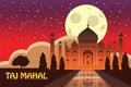 Mausoleum of Taj Mahal in Agra, India, historical view, night moon, vista attraction, religion, cartoon style, vector