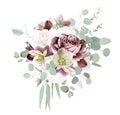 Mauve purple rose, dusty pink, brown and green hellebores, white rose, mint eucalyptus, greenery vector design bouquet. Royalty Free Stock Photo