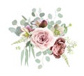 Mauve purple rose, dusty pink lisianthus, serruria, brown and green hellebores, hydrangea, mint eucalyptus, greenery Royalty Free Stock Photo