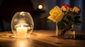 Beautiful roses and burning candles on a wooden background at night. Selective focus Royalty Free Stock Photo