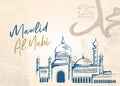 Mawlid al Nabi greeting card design. Banner arabic mosque hand drawn sketch vintage. Vector Islamic element with grunge texture