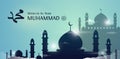 Mawlid Al Nabi Muhammad Islam prophet birthday celebration poster background design with Great mosque over the cloud and bright