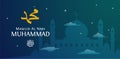 Mawlid Al Nabi Muhammad Islam prophet birthday celebration poster background design. Night scene and great mosque silhouette with