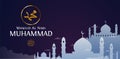 Mawlid Al Nabi Muhammad Islam prophet birthday celebration poster background design. Night scene and great mosque silhouette over