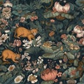 Maximalism style botanical and animals seamless pattern, created with generative AI