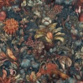 Maximalism style botanical and animals seamless pattern, created with generative AI