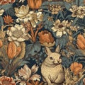 Maximalism style botanical and animals seamless pattern, created with generative AI