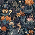 Maximalism style botanical and animals seamless pattern, created with generative AI