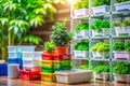 Maximize Your Space with Creative Storage Solutions: Stylish Containers, Lush Greenery, and Tilt-Shift Royalty Free Stock Photo