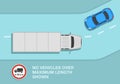 Maximum length limit sign area. Top view of a heavy goods vehicle on road.