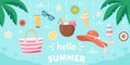 Hello summer greeting card. Beach hat, pina colada, sunglasses, sunscreen, tropical flower, ice cream and fruits. Vector illustrat