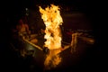 May, 2018 - Ari Atoll, Maldives: Happy teppanyaki chef cooking vegetables at teppan in a Japanese steakhouse on Mishi Sushi