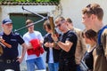 May 25, 2022 Beltsy Moldova. Illustrative editorial background. Police conduct safety training with schoolchildren