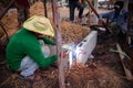 Asian male construction labour do metal welding work at construction site