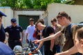 May 25, 2022 Beltsy Moldova. Illustrative editorial background. Police conduct safety training with schoolchildren