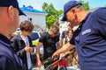 May 25, 2022 Beltsy Moldova. Illustrative editorial background. Police conduct safety training with schoolchildren