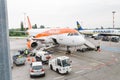 Lowcost Airplanes of EasyJet and Ryanair being preparing ready for takeoff in international airport