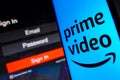 May 2, 2023, Brazil. The Amazon Prime Video logo is displayed on a smartphone screen, next to a login Royalty Free Stock Photo