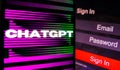 May 2, 2023, Brazil. The ChatGPT logo is displayed on a smartphone screen, next to a login screen,