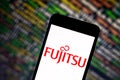 May 17, 2019, Brazil. In this photo illustration the Fujitsu logo is displayed on a smartphone Royalty Free Stock Photo