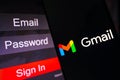 May 1, 2023, Brazil. In this photo illustration, the Gmail logo is displayed on a smartphone screen, next to a login screen, with