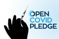 May 5, 2021, Brazil. In this photo illustration the medical syringe is seen with Open Covid Pledge OCP logo displayed on a