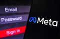 May 1, 2023, Brazil. In this photo illustration, the Meta Platforms logo is displayed on a smartphone screen, next to a login