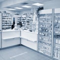 May 2, 2016 Brno Czech Republic. Interior of a pharmacy with goods and showcases. Medicines and vitamins for health. Shop concept,