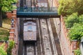 Famous retro Budapest Funicular railroad transport to th Castle Hill