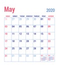 May calendar 2020. English calender template. Vector grid. Office business planning. Simple design Royalty Free Stock Photo