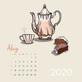 2020 May calendar food and tea art vector. Tea party sketched calendar. May page with pink teapot, cup, cupcake Royalty Free Stock Photo