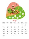 May calendar page 2021 with bull riding a bicycle. Spring outdoor scene.