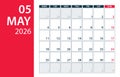 May 2026 Calendar Planner - vector illustration. Template. Mock up Royalty Free Stock Photo